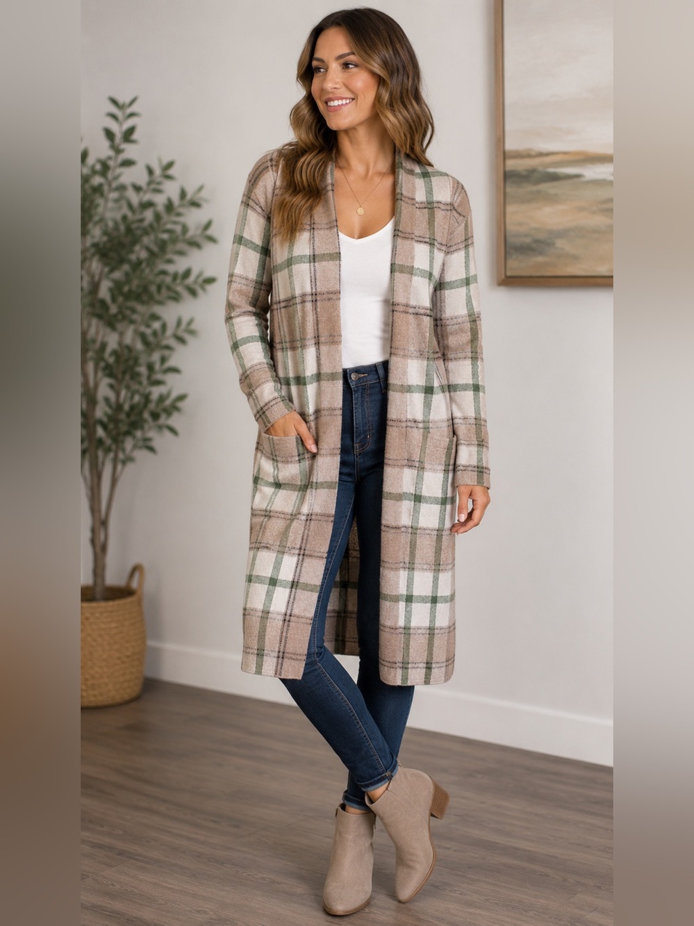 Max Studio Beige, White and Green Plaid Open-Front Long Coatigan